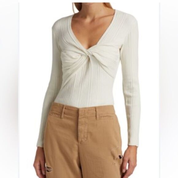 FRAME LAYERED WRAP TWIST FRONT LONG SLEEVE TOP SWEATER NWT LARGE - Picture 1 of 9